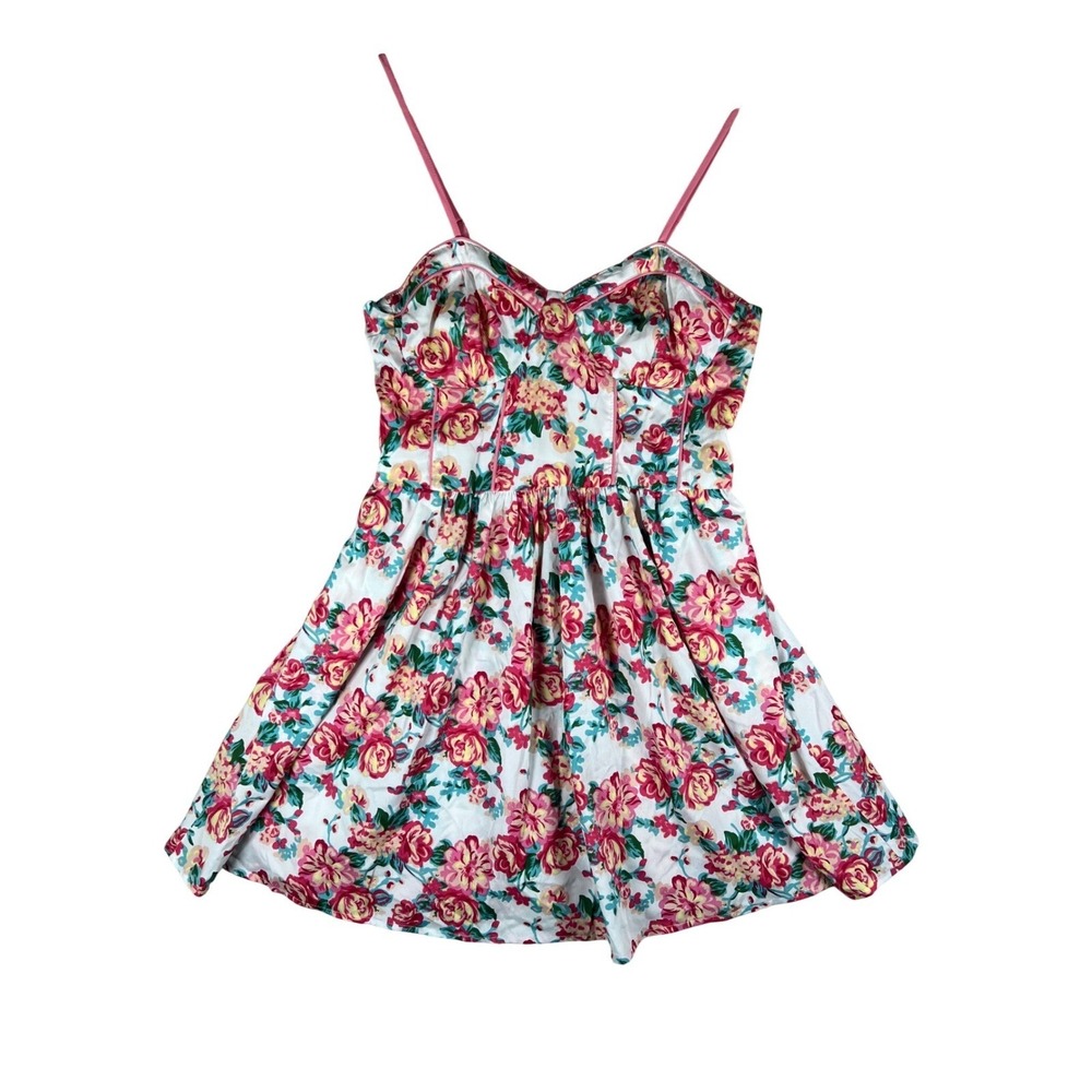 Wet Seal Floral Mini‎ Dress Y2K Bustier Smocked Cream Coral Pink Rose M Boho